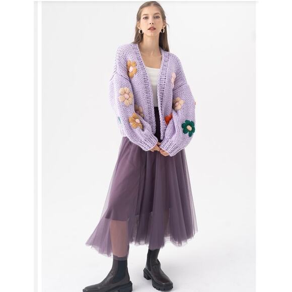 Chic Wish Sweaters - Chicwish Embroidered Floral Chunky Knit Cardigan Sweater Lilac Women's